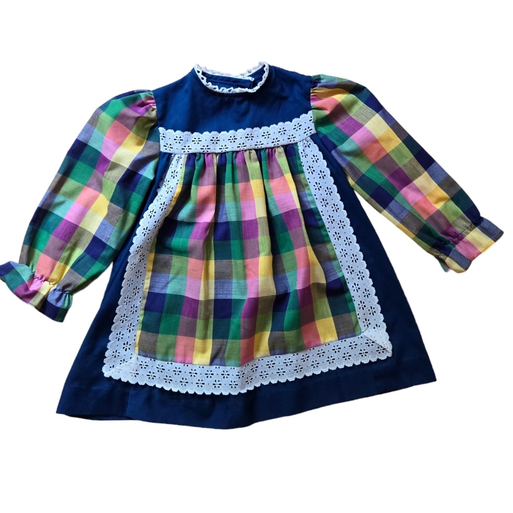 Vintage 1980s Kate Greenaway navy blue colorful plaid long sleeved dress